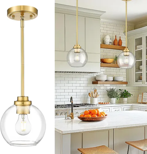 Miniatura 9 de Lámpara Colgante Moderna de Oro Pulido, Lámpara Colgante de Globo de 18 cm de Siglo Medio con Vidrio Transparente para Isla de Cocina, Comedor