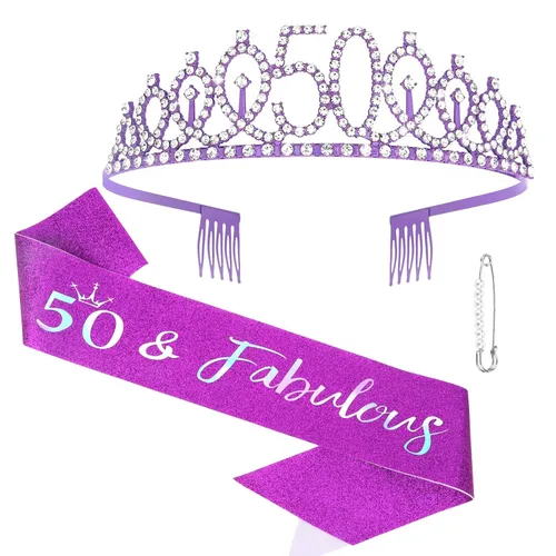 Miniatura 7 de Kit de tiara y banda de cumpleaños "50 & Fabulous", regalos de cumpleaños 50 para mujeres, decoraciones de fiesta de cumpleaños 50 (plateado)