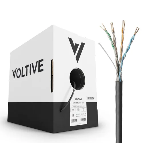 Voltive Cable Ethernet Cat5e, entierro directo, relleno de gel, resistente a los rayos UV, negro, 1000 pies - 24 AWG, 4 pares de cobre sólido