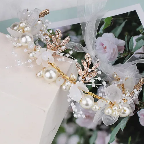 Miniatura 5 de Didder Tiara de flores para niñas y mujeres – Diadema diadema corona con perlas de cristal – Accesorios para el cabello de boda para novia Blanco