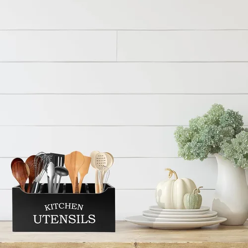 Miniatura 8 de Soporte para utensilios de cocina de madera, extra grande, 4 compartimentos, con parte inferior de drenaje para encimera, organizador