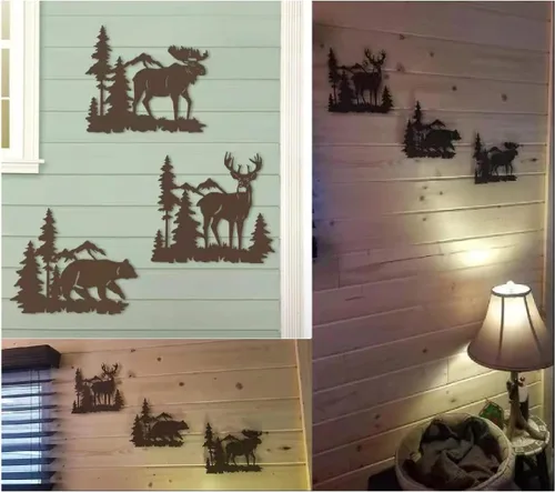 Miniatura 3 de Waiu Decoración de pared de metal, ciervo, oso y alce en el bosque de pinos, juego de 3 9.3 pulgadas, decoración rústica concisa para colgar