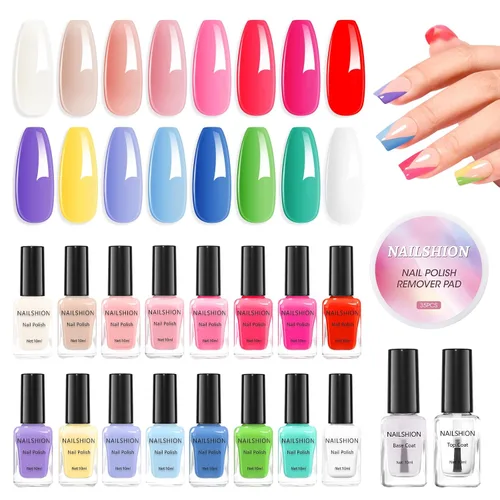 Juego de esmaltes de uñas de verano, 16 colores, rojo, rosa, azul, morado, verde, pastel, con capa base y capa superior, 35 almohadillas removedoras