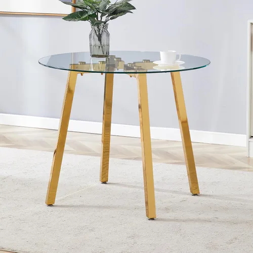 Miniatura 4 de Moderna y lujosa mesa de comedor redonda de vidrio templado con 7 patas de metal doradas en forma, adecuada para comidas familiares, conferencias