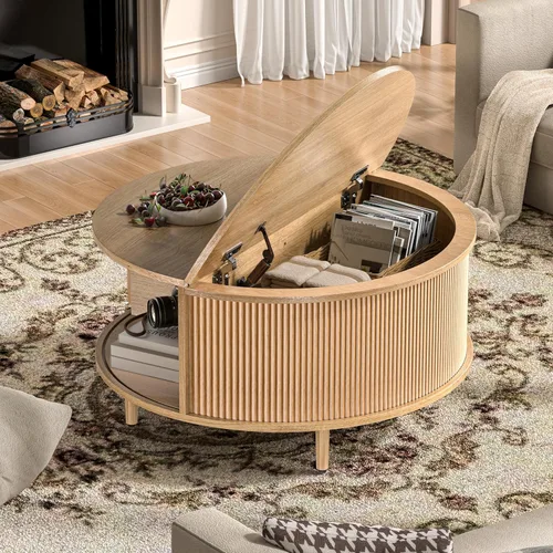 Miniatura 3 de Mesa auxiliar redonda, mesa central acanalada de 31.5 pulgadas con almacenamiento, mesa de centro elevable con almohadillas ajustables, puerta