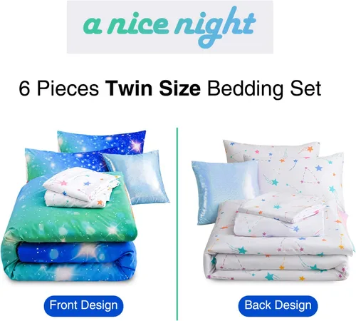 Miniatura 6 de A Nice Night Juego de ropa de cama de 6 piezas con purpurina degradada para niñas, juego de edredón colorido de galaxia arco iris, juegos de ropa