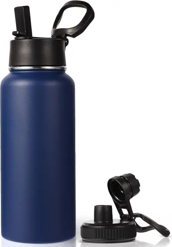 Miniatura 48 de Neihepal Botella de agua aislada de 32 onzas con 2 tapas (tapa con pajilla y boquilla), botellas de agua de doble pared de acero inoxidable 18/8