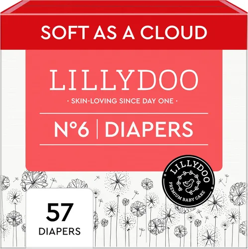 LILLYDOO Pañales desechables para bebé, talla 6 (29+ libras), 57 unidades, protección absorbente contra fugas, ultra suave, piel sensible,