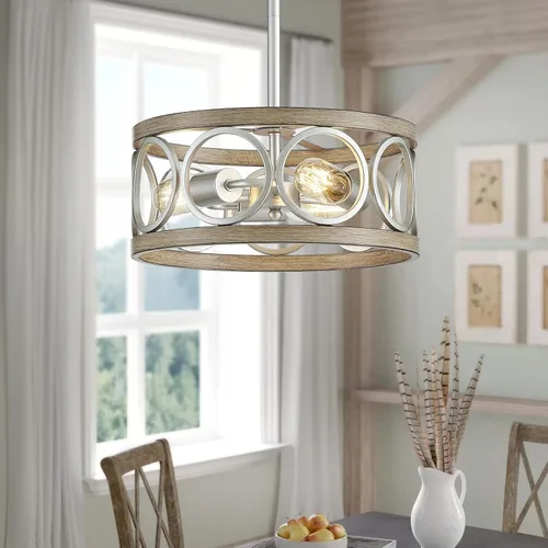 XINGQI Lámpara de techo moderna de altura ajustable, lámpara colgante de níquel cepillado, grano de madera de metal de 13 pulgadas, luces redondas
