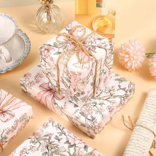 Miniatura 5 de Ywdbzjhs 1 rollo de papel de regalo de lazo rosa y flores, 17 pulgadas x 33 pies, papel de regalo con lazos florales vintage coqueta, para San