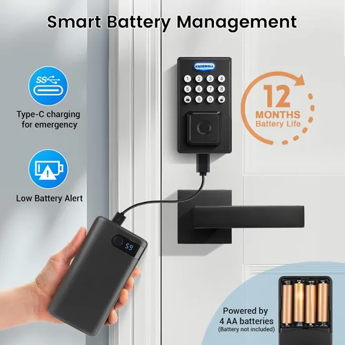 Miniatura 4 de KNOBWELL Cerradura de puerta inteligente de huellas dactilares con manija de palanca, entrada sin llave, teclado biométrico, cerradura de cerrojo
