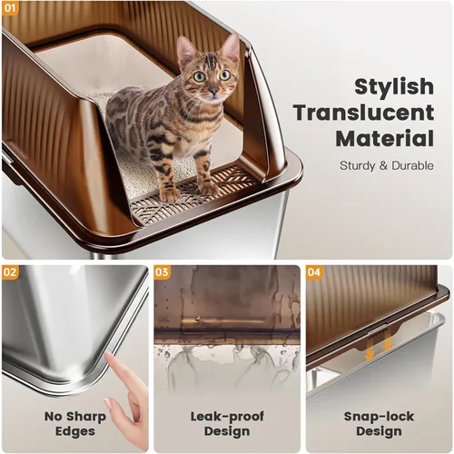Miniatura 6 de Tripamin Caja de arena para gatos de acero inoxidable XL de 15 pulgadas, lados altos XXL de acero inoxidable con tapa, caja de arena de metal