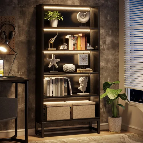 Tribesigns Estantería Alta Negra Librero, Estanterías Grandes de 70.8" Pulgadas Organizador con Luces LED, Estantería de Biblioteca Independiente de