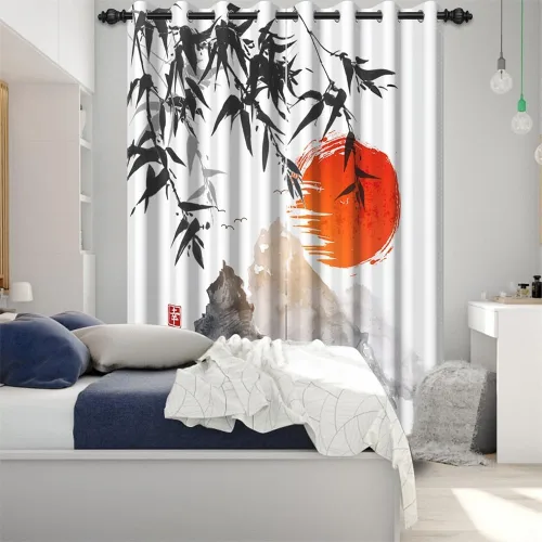 Miniatura 177 de Cortinas japonesas con pintura de tinta, monte Fuji, sol rojo, puesta de sol, hojas de bambú, cortinas de ventana para dormitorio, sala de estar