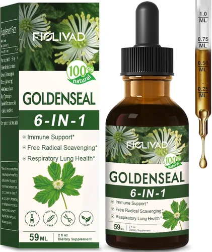Goldenseal Extracto de raíz líquida gota para apoyo inmunológico y respiratorio de la salud pulmonar, suplemento de fórmula herbaria 6 en 1 con