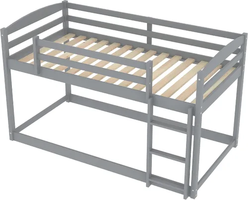 Miniatura 9 de Harper & Bright Designs Litera baja individual sobre individual, marco de cama individual de madera con escalera y barandillas, literas bajas