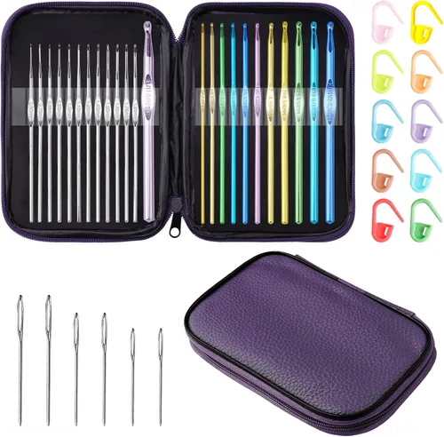 Miniatura 9 de Tomorotec Art - Juego de ganchos de ganchillo metálicos multicolores, agujas de tejer de aluminio para manualidades de hilo con bolsa