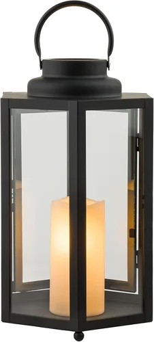 Alpine Corporation Linterna de metal hexagonal para exteriores de 14 pulgadas de alto con luces LED, color negro