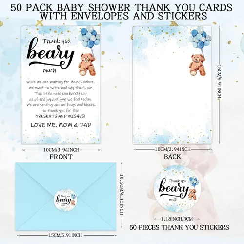 Miniatura 2 de Kisston 50 juegos de tarjetas de agradecimiento para baby shower de oso de 4 x 6 pulgadas, tarjetas de felicitación de oso con 50 sobres y Azul
