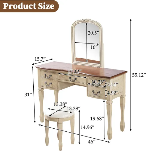 Miniatura 2 de Tocador de maquillaje vintage de 46 pulgadas con espejo curvado con marco de flores, tocador con 5 cajones y taburete de cuero, escritorio con patas