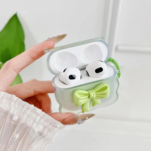 Miniatura 2 de Linda funda transparente para AirPods de 3ª generación, color verde, diseño de lazo femenino, TPU suave, a prueba de golpes, Kawaii Airpods