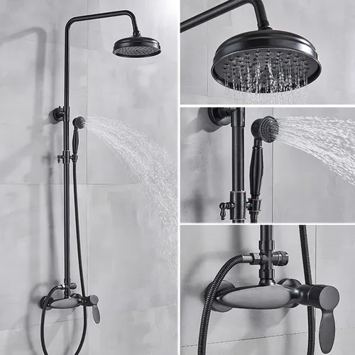 Miniatura 4 de Juego de mezclador de ducha de bronce negro, mezclador de ducha de baño montado en la pared, cabezal de ducha de lluvia con ducha de mano, altura