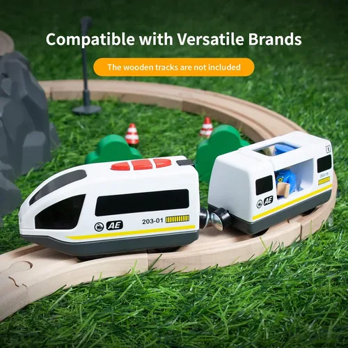 Miniatura 6 de WOOD CITY Tren a pilas para pista de madera, juego de tren de locomotora eléctrica con potente motor compatible con Thomas, Brio, Chuggington