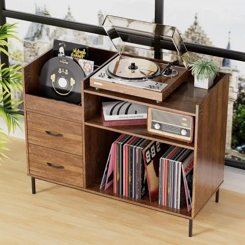 Miniatura 7 de Soporte para tocadiscos con almacenamiento para más de 500 álbumes, estante y cajones modernos de mediados de siglo, consola de audio de madera