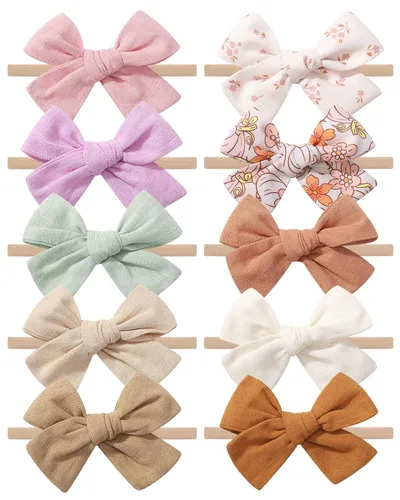 Miniatura 8 de doboi 10 diademas para bebé, lazos para el cabello, de nailon, algodón, lino, hechas a mano, accesorios para el cabello para recién nacidos, niñas