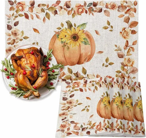 Juego de 4 manteles individuales Boho de otoño, calabazas de acuarela para Acción de Gracias, resistentes al calor, lavables, para mesa, manteles