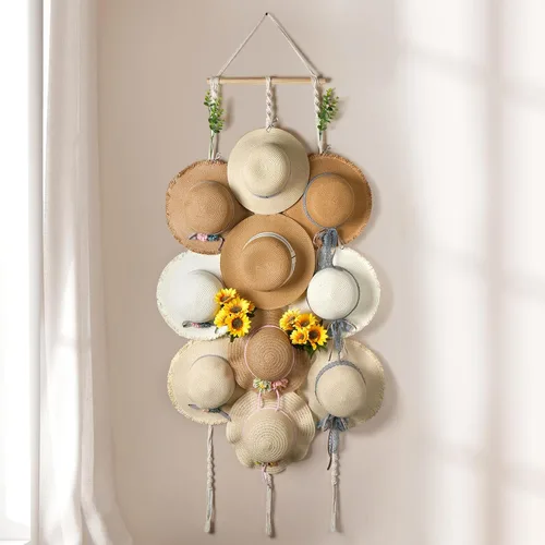 Miniatura 11 de Organizador de Sombreros de Macramé para Pared 15 Clips 31x53 Pulgadas Colgadores Grandes Exhibidor para Sombreros Fedora para Soporte de Sombreros
