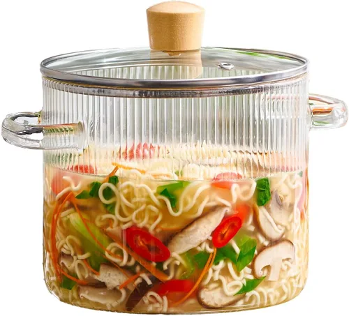 Le'raze Olla de cocina de vidrio con tapa, 2 L (68 onzas), resistente al calor, juego de ollas de cocina de vidrio de borosilicato, olla a fuego