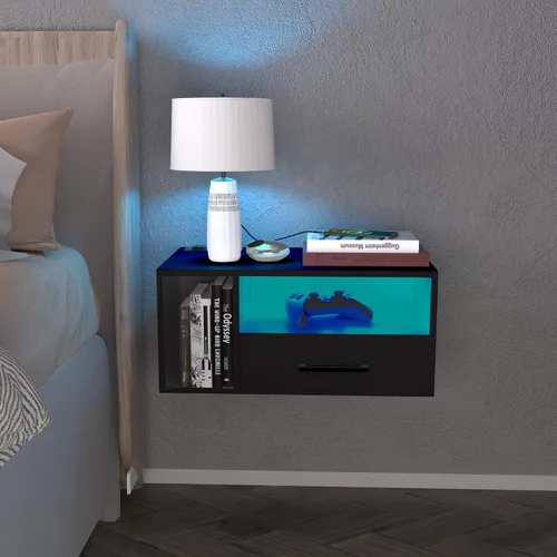 Miniatura 3 de Homaterial Mesita de noche flotante con estación de carga y luces LED, mesita de noche flotante con cajones, mesitas de noche montadas en la pared