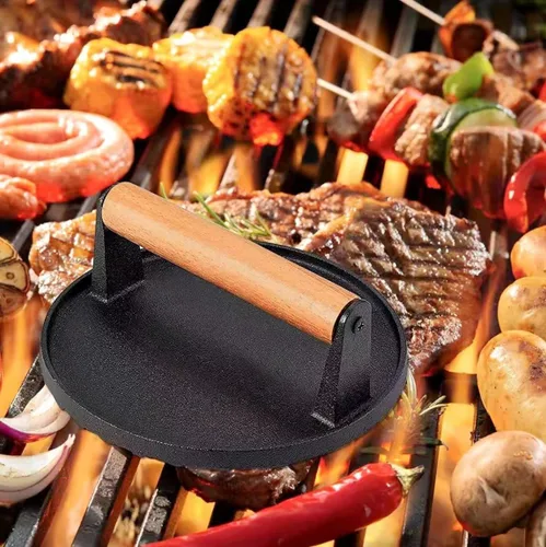 Miniatura 4 de Herramientas de cocina de hierro fundido resistente para hamburguesas, prensa redonda para carne y carne con mango de madera antiquemaduras