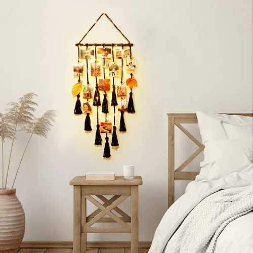 Miniatura 3 de Homecor Decoración de pared colgante de macramé negro, decoración bohemia para habitación, collage de marcos de fotos con luz remota, 30 clips
