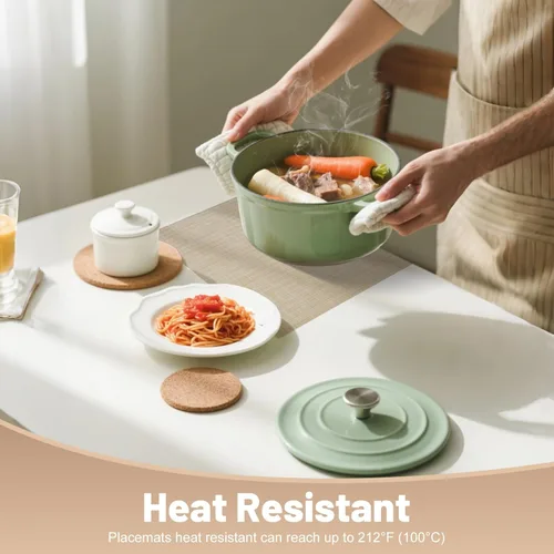 Miniatura 4 de Juego de 6 manteles individuales, antideslizantes, tejido de PVC, fáciles de limpiar, resistentes al calor, para cocina, comedor, decoración Beige