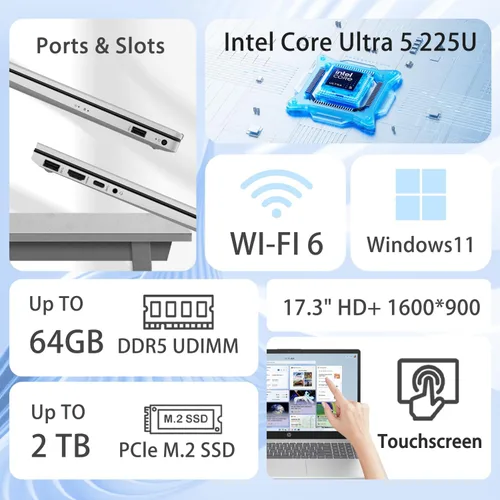 Miniatura 2 de HP Portátil empresarial de 17,3 pulgadas, pantalla táctil, Intel Core Ultra 5 225U (> i7-1355U), 16 GB DDR5, SSD de 1 TB, huella digital, teclado