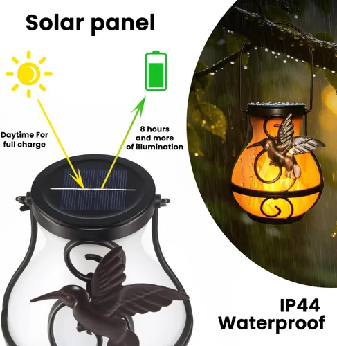 Miniatura 5 de Paquete de 2 linternas solares para colgar en el exterior, luces solares de jardín al aire libre impermeables con llama parpadeante, linterna LED