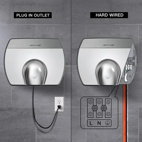 Miniatura 4 de JETWELL Elegante secador de manos comercial compacto, viento cálido automático de alta velocidad, cubierta de acero inoxidable con cableado