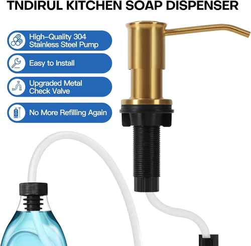 Miniatura 6 de Dispensador de jabón para fregadero de cocina, dispensadores de jabón integrados de oro cepillado, dispensador de jabón para fregadero de acero