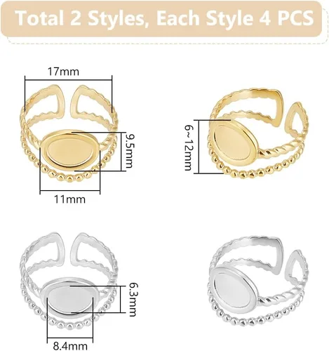 Miniatura 3 de UNICRAFTALE 8 piezas de componentes de anillo abierto de acero inoxidable de 2 colores con anillos ovalados, chapados en oro, ajustables para hacer