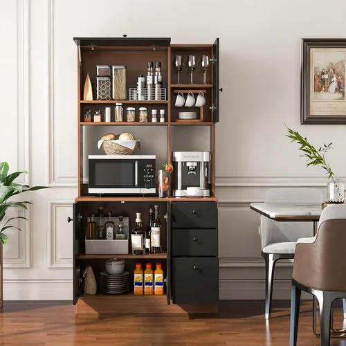 Miniatura 2 de Giantex Despensa de cocina, buffet con 3 armarios de almacenamiento, armario grande de piso de 71 pulgadas con 3 cajones profundos, encimera ancha