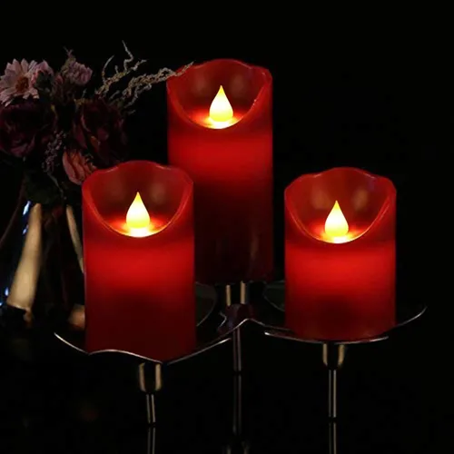 Miniatura 4 de JUNPEI - Juego de 3 velas LED parpadeantes de pilas que duran 300 h, color rojo, cera real, control remoto de 10 teclas, temporizador de 24 h