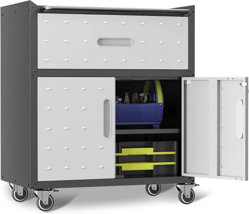 Miniatura 22 de Armario de almacenamiento de metal para garaje con ruedas, gabinete rodante con cerradura para herramientas con cajón y estantes, gabinete móvil