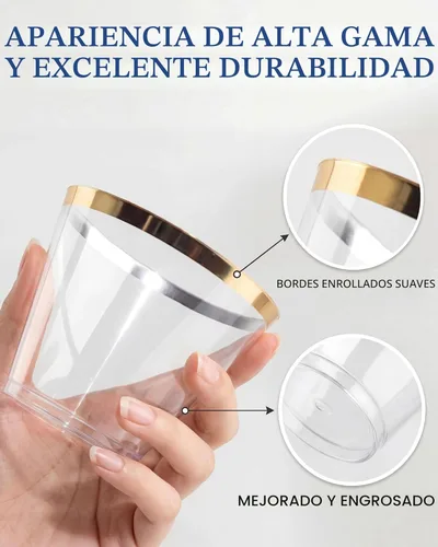 Miniatura 5 de Nervure 240 vasos de plástico dorados – Vasos de plástico con borde dorado de 9 onzas – Taza transparente desechable resistente con borde dorado