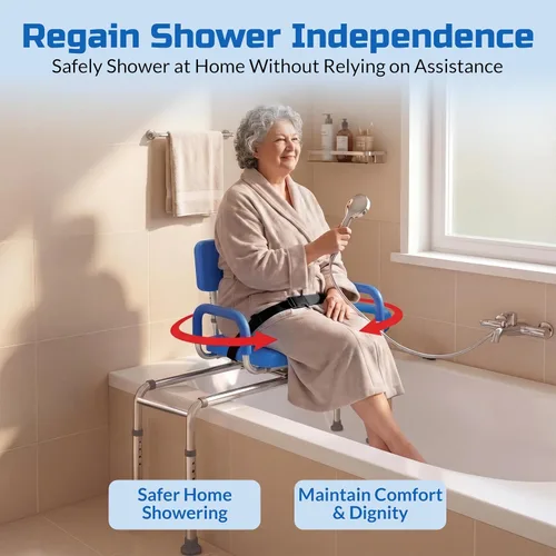 Miniatura 9 de Banco de transferencia deslizable para ducha con asiento giratorio Carousel, bariátrico, acolchado premium con apoyabrazos giratorios, alta