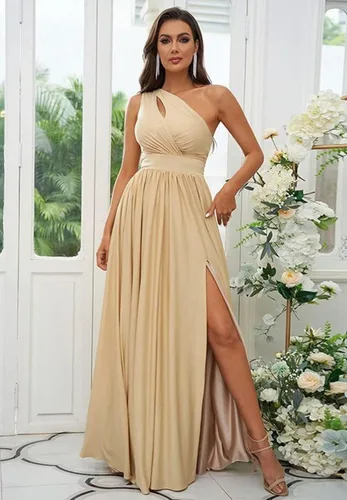 Miniatura 4 de Vestido largo de gasa con un hombro descubierto para mujer, sin mangas, plisado, formal, con abertura
