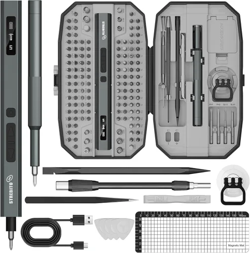 STREBITO Juego de destornilladores eléctricos 155 en 1, destornillador eléctrico pequeño inalámbrico con 140 puntas magnéticas S2, kit de Gris