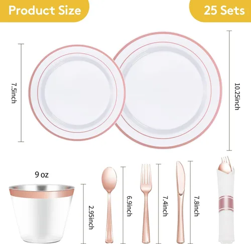Miniatura 4 de Goodluck Juego de vajilla de plástico color oro rosa de 175 piezas para 25 invitados, elegantes platos desechables para fiesta, incluye: 25 platos