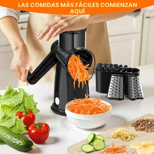 Miniatura 6 de Rallador giratorio de queso con manivela manual con 5 cuchillas intercambiables, picadora de verduras, rebanadora espiralizadora para frutas, Negro